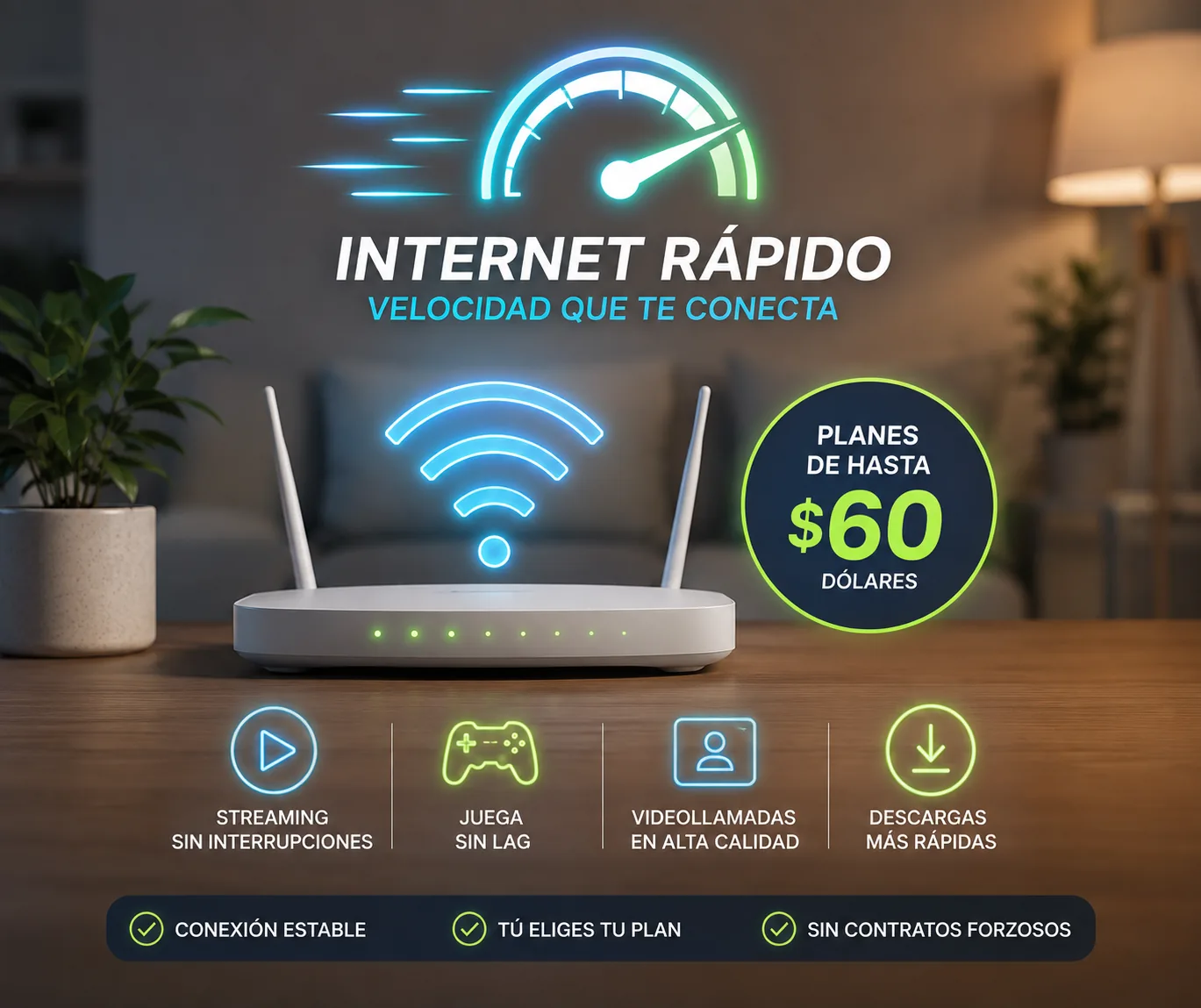 Internet rápido: streaming sin interrupciones, juega sin lag, videollamadas en alta calidad y descargas más rápidas. Planes de hasta $60 dólares.